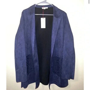 Solitaire Faux Suede Cardigan Duster Boho Jacket Navy Blue Large NEW